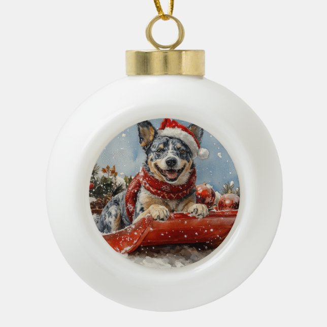 Blue Heeler Dog in Sledge Let it Snow Christmas Ceramic Ball Christmas Ornament (Front)