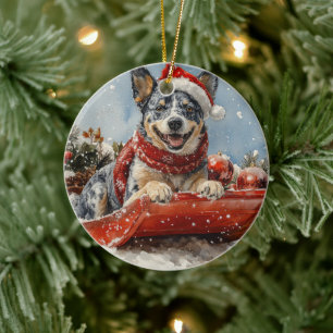 Blue Heeler Dog in Sledge Let it Snow Christmas Ceramic Tree Decoration