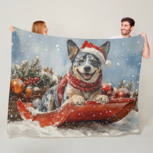 Blue Heeler Dog in Sledge Let it Snow Christmas Fleece Blanket