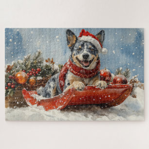 Blue Heeler Dog in Sledge Let it Snow Christmas Jigsaw Puzzle