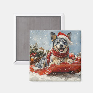 Blue Heeler Dog in Sledge Let it Snow Christmas Magnet