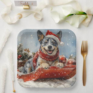 Blue Heeler Dog in Sledge Let it Snow Christmas Paper Plate