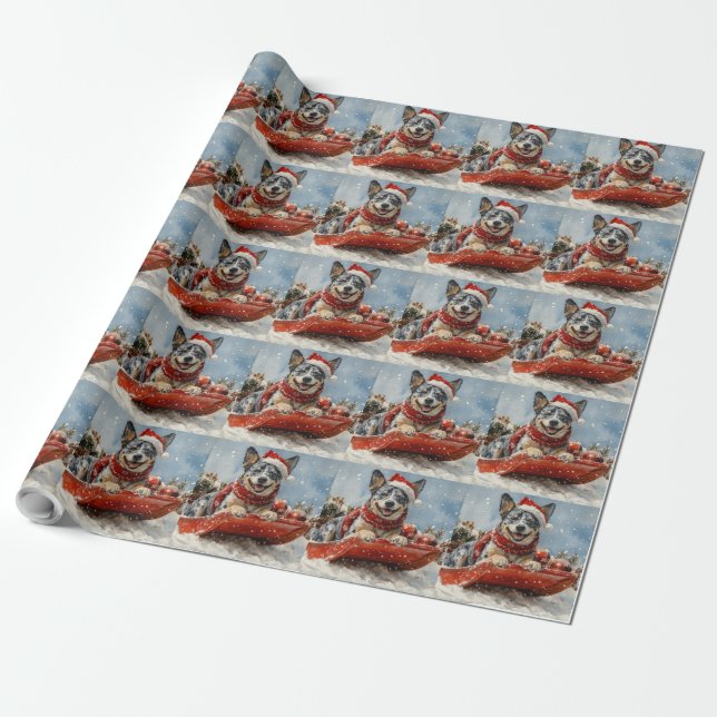 Blue Heeler Dog in Sledge Let it Snow Christmas Wrapping Paper (Unrolled)