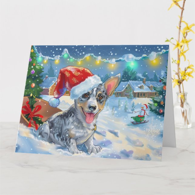 Blue Heeler Dog in Sleigh Snow Christmas Card (Yellow Flower)