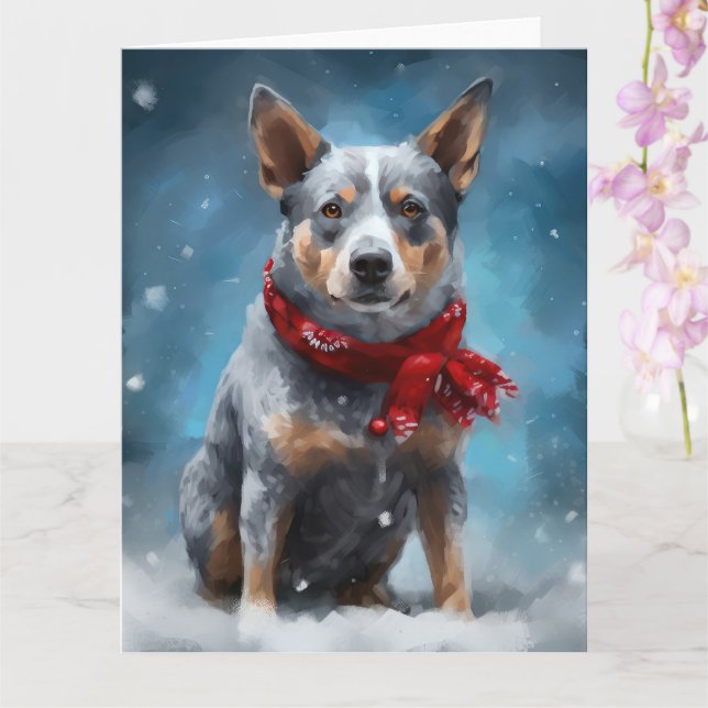 Blue Heeler Dog in Snow Christmas  Card (Orchid)