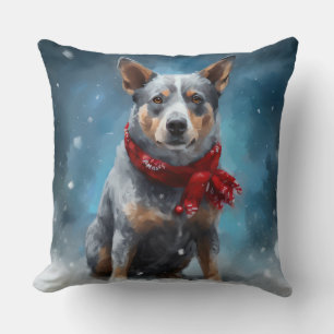 Blue Heeler Dog in Snow Christmas  Cushion