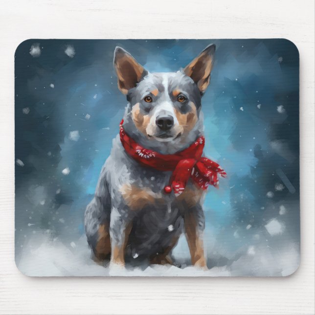 Blue Heeler Dog in Snow Christmas  Mouse Mat (Front)