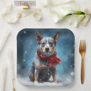 Blue Heeler Dog in Snow Christmas  Paper Plate
