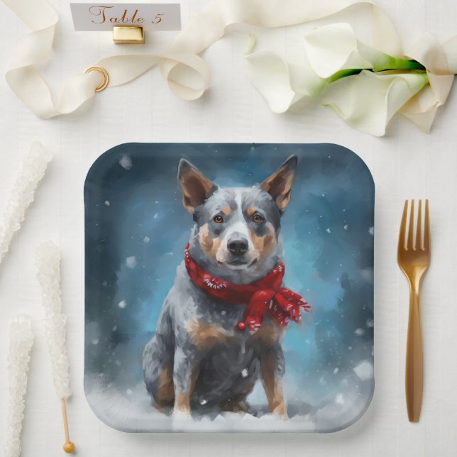 Blue Heeler Dog in Snow Christmas  Paper Plate (Wedding)