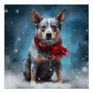Blue Heeler Dog in Snow Christmas Poster