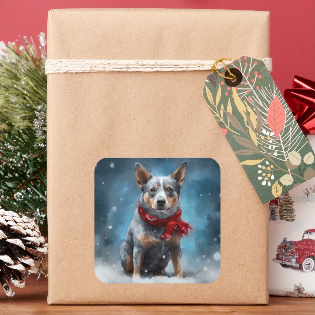 Blue Heeler Dog in Snow Christmas  Square Sticker (Holiday)