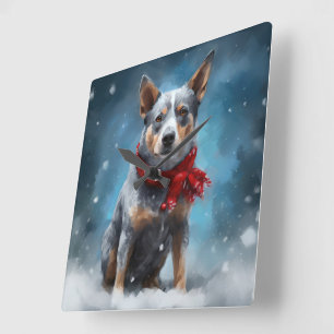 Blue Heeler Dog in Snow Christmas Square Wall Clock