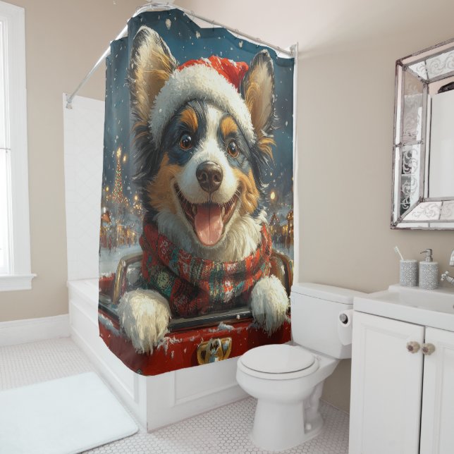 Blue Heeler Dog Roller Coaster Christmas Shower Curtain (In Situ)