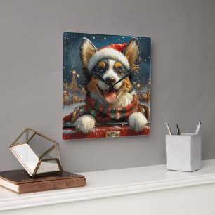 Blue Heeler Dog Roller Coaster Christmas Square Wall Clock
