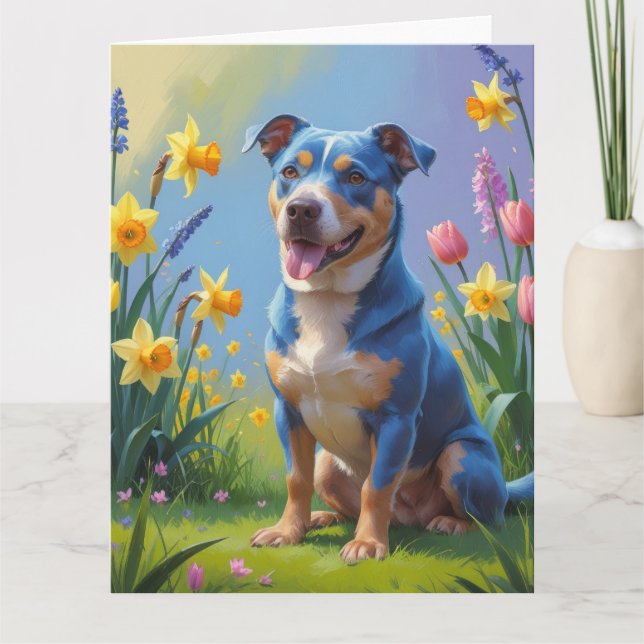 Blue Heeler Dog Spring Flowers Painting  Card (Front)