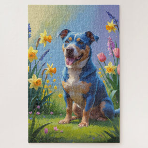 Blue Heeler Dog Spring Flowers Painting  Jigsaw Puzzle