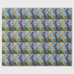 Blue Heeler Dog Spring Flowers Painting Wrapping Paper