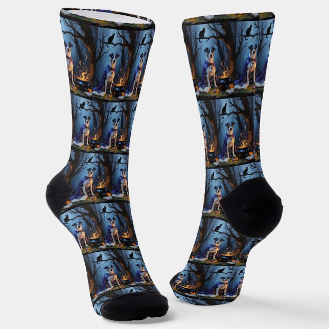Blue Heeler Dog Whimsical Halloween Painting Socks (Angled)