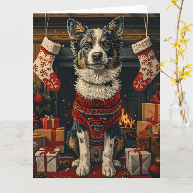 Blue Heeler Dog with Christmas Gifts Fireplace Card (Yellow Flower)