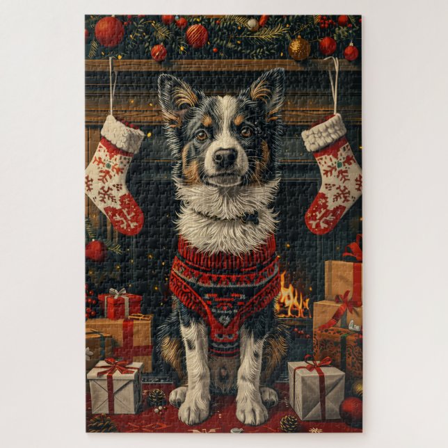 Blue Heeler Dog with Christmas Gifts Fireplace Jigsaw Puzzle (Vertical)