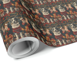 Blue Heeler Dog with Christmas Gifts Fireplace Wrapping Paper