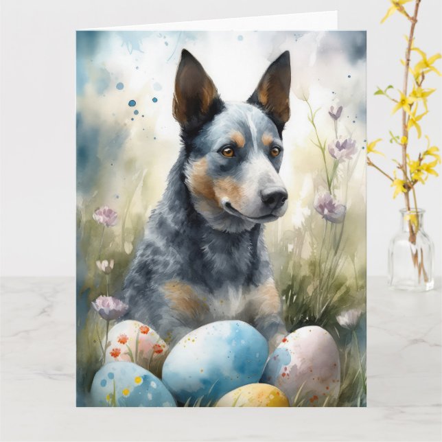 Blue Heeler Dog with Easter Eggs Holiday  Card (Yellow Flower)