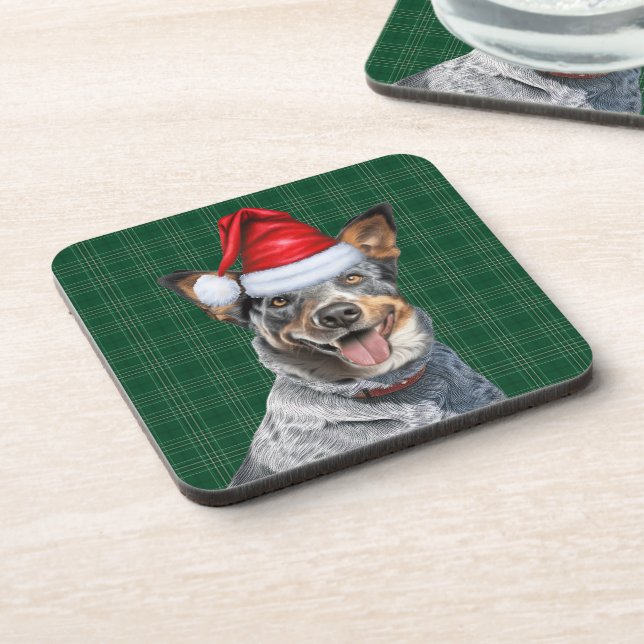 Blue Heeler Dog with Green Holiday Plaid Christmas Coaster (Left Side)