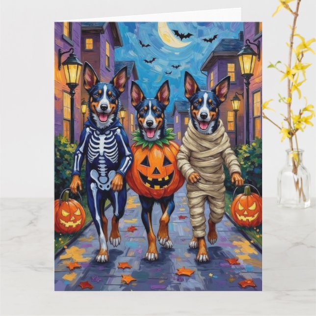 Blue Heeler Dogs Trick-or-Treating in Halloween Co Card (Yellow Flower)