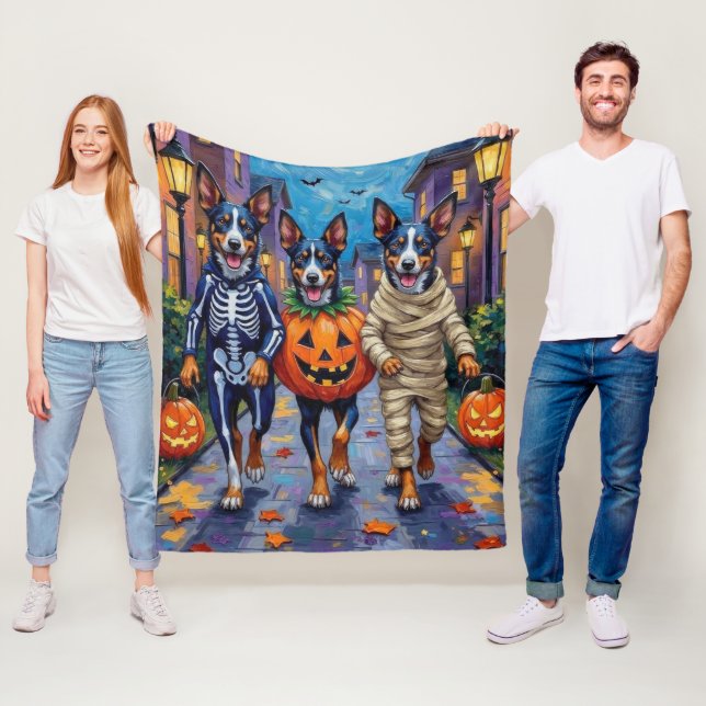 Blue Heeler Dogs Trick-or-Treating in Halloween Co Fleece Blanket (In Situ)
