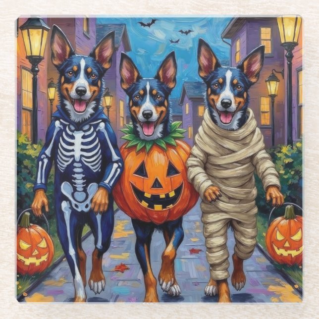 Blue Heeler Dogs Trick-or-Treating in Halloween Co Glass Coaster (Front)