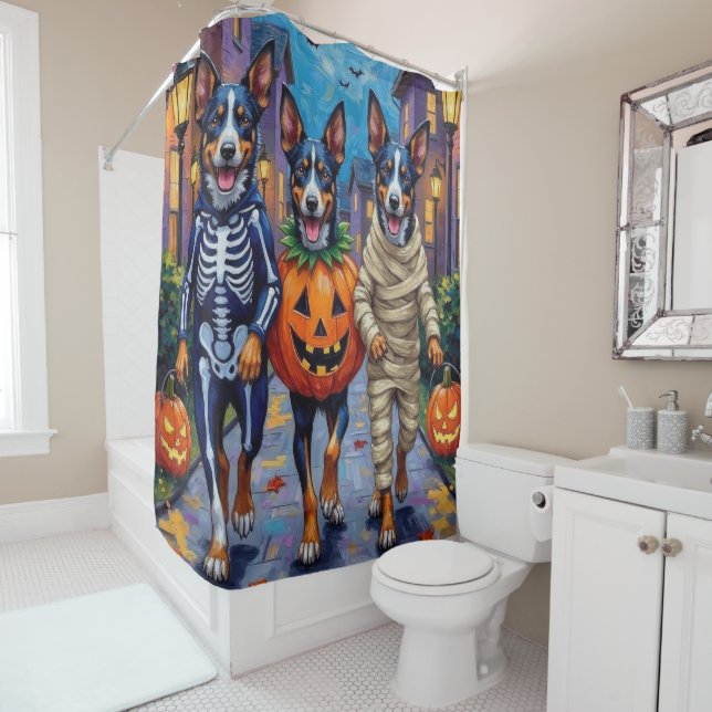 Blue Heeler Dogs Trick-or-Treating in Halloween Co Shower Curtain (In Situ)