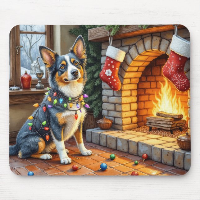 Blue Heeler Fireplace with Christmas Lights Mouse Mat (Front)