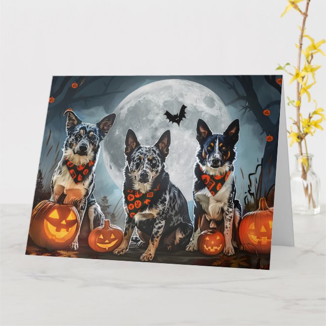 Blue Heeler Halloween Spooky Card (Yellow Flower)
