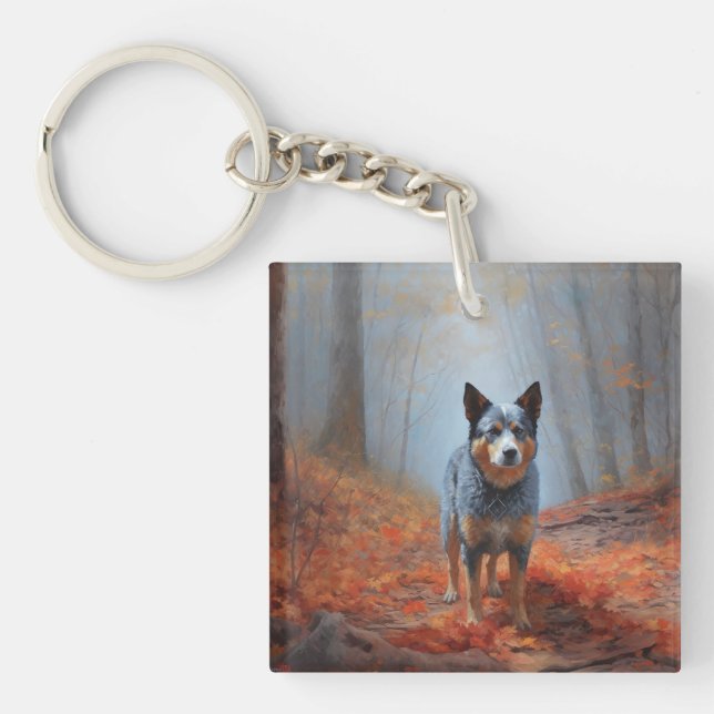 Blue Heeler in Autumn Leaves Fall Inspire Key Ring (Front)