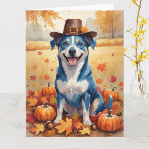 Blue Heeler In Autumn Leaves Thanksgiving Art Card