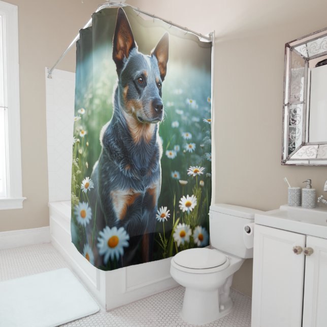 Blue Heeler in Daisies  Shower Curtain (In Situ)