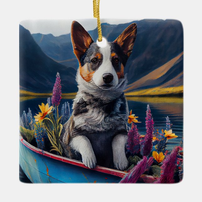Blue Heeler on a Paddle: A Scenic Adventure Ceramic Ornament (Front)