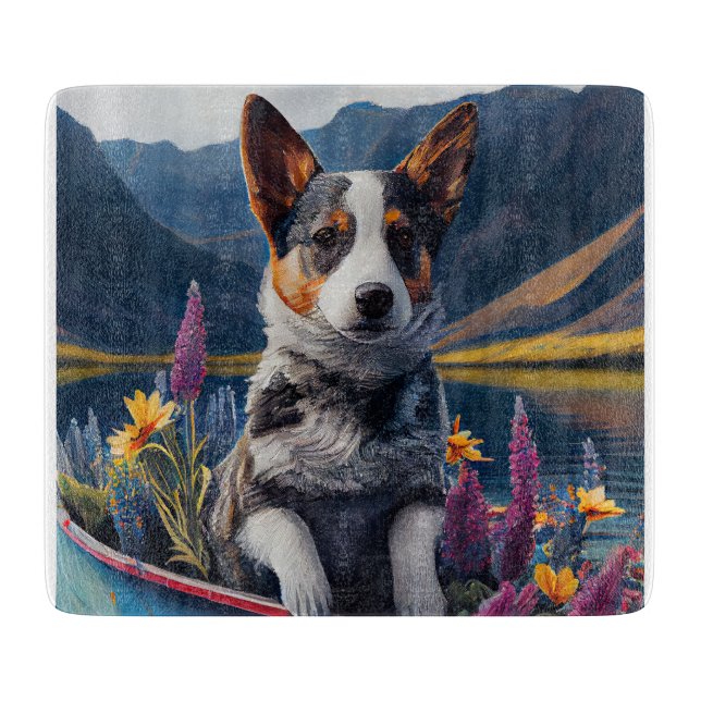 Blue Heeler on a Paddle: A Scenic Adventure Cutting Board (Front)