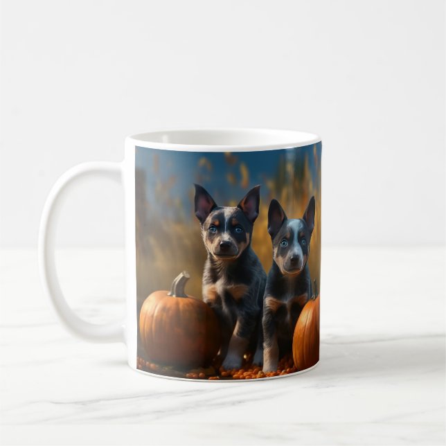 Blue Heeler Puppy Autumn Delight Pumpkin Coffee Mug (Left)