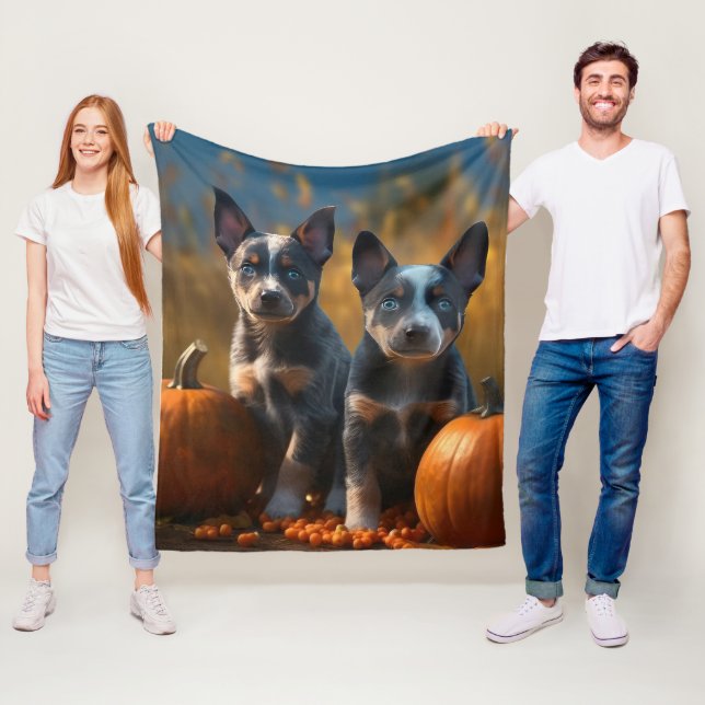Blue Heeler Puppy Autumn Delight Pumpkin Fleece Blanket (In Situ)