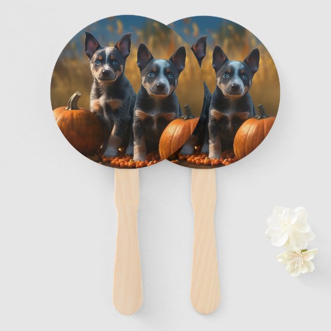 Blue Heeler Puppy Autumn Delight Pumpkin Hand Fan (Front and Back)