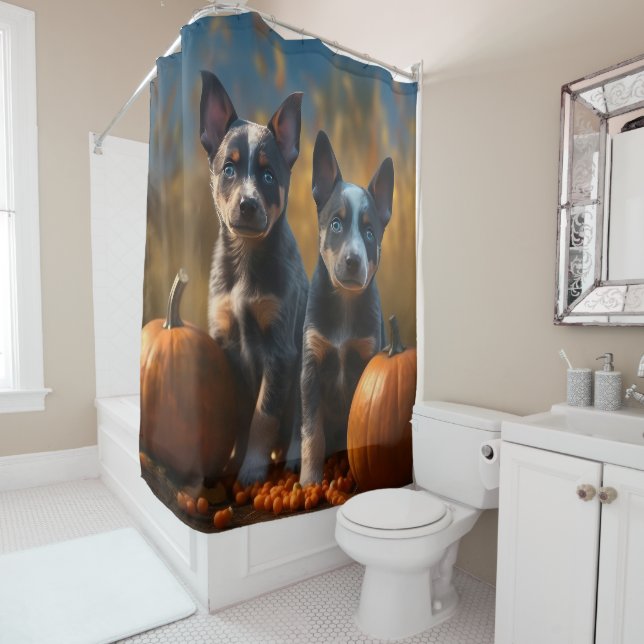 Blue Heeler Puppy Autumn Delight Pumpkin Shower Curtain (In Situ)