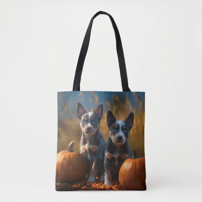 Blue Heeler Puppy Autumn Delight Pumpkin Tote Bag (Front)