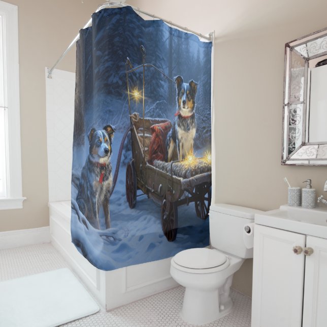 Blue Heeler Snowy Sleigh Christmas Decor  Shower Curtain (In Situ)
