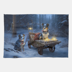 Blue Heeler Snowy Sleigh Christmas Decor Tea Towel