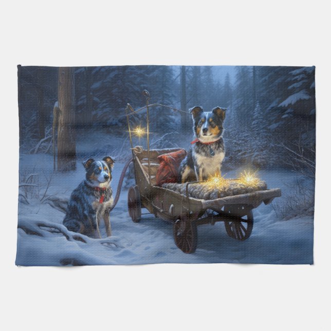 Blue Heeler Snowy Sleigh Christmas Decor  Tea Towel (Horizontal)