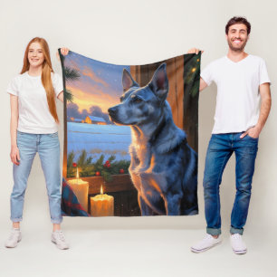 Blue Heeler With Christmas Lights Holiday Fleece Blanket