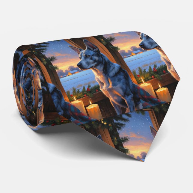 Blue Heeler With Christmas Lights Holiday  Tie (Rolled)