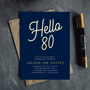 Blue Hello 80 Gold Script 80th Birthday Party