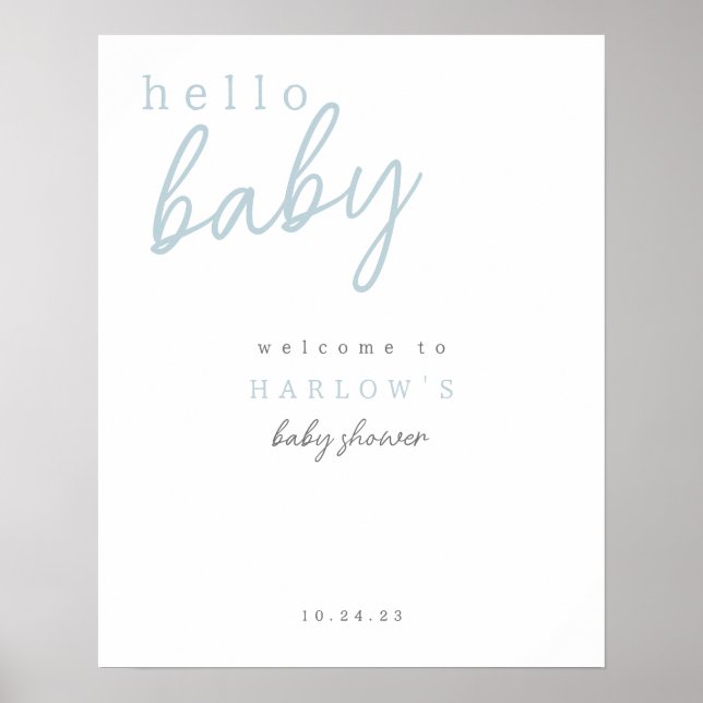 Blue Hello Baby Modern Baby Shower Welcome Sign (Front)